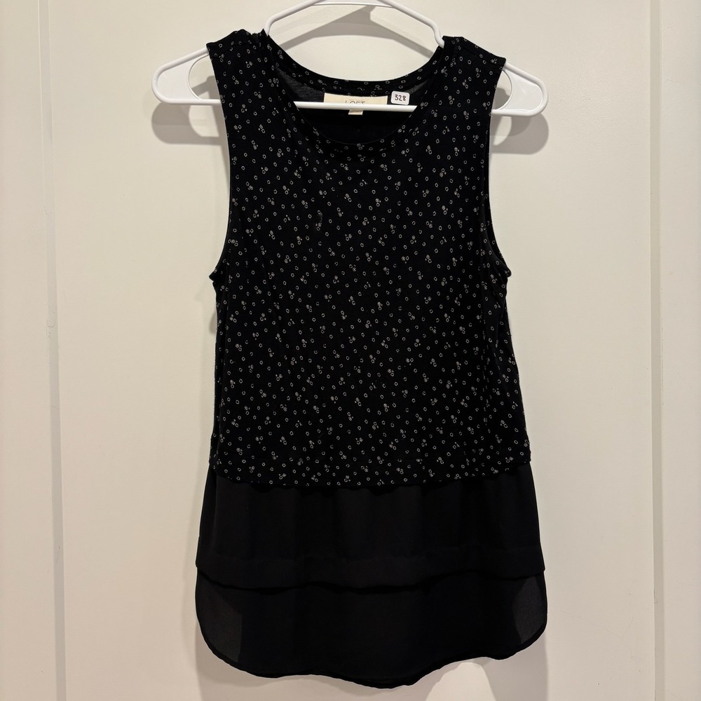 Ann Taylor LOFT Black Print Layered Chiffon Hem Sleeveless Top XS